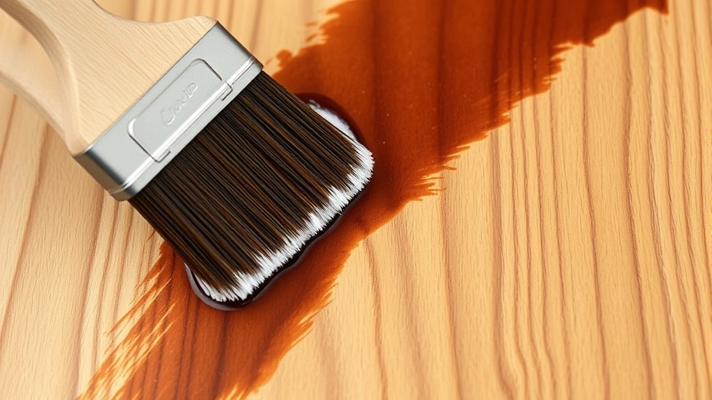 Foam applicator brush applying rich brown stain to wooden surface, showing even saturation and grain direction alignment