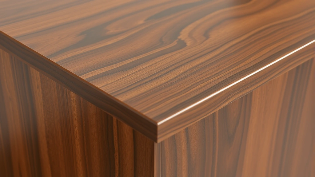 Finished wooden furniture piece displaying deep walnut stain color, showcasing natural grain patterns and professional glossy topcoat finish