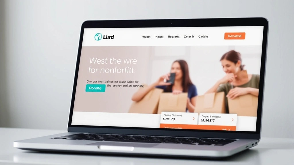 Laptop displaying nonprofit website homepage with donation button, mission statement, and impact statistics clearly visible