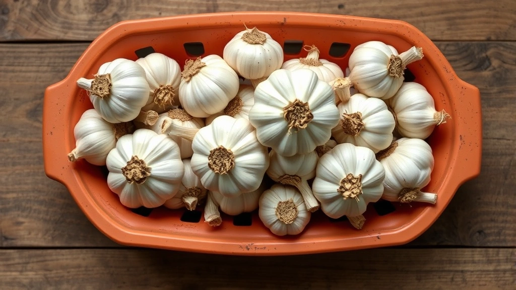 Overhead view of whole garlic bulbs arranged in a terracotta garlic keeper with drainage holes on a wooden surface