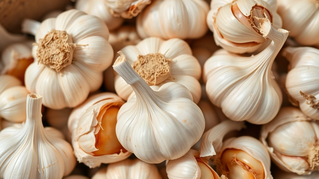 Close-up of fresh garlic cloves in various stages, some whole with papery skin, others peeled, displayed in natural lighting