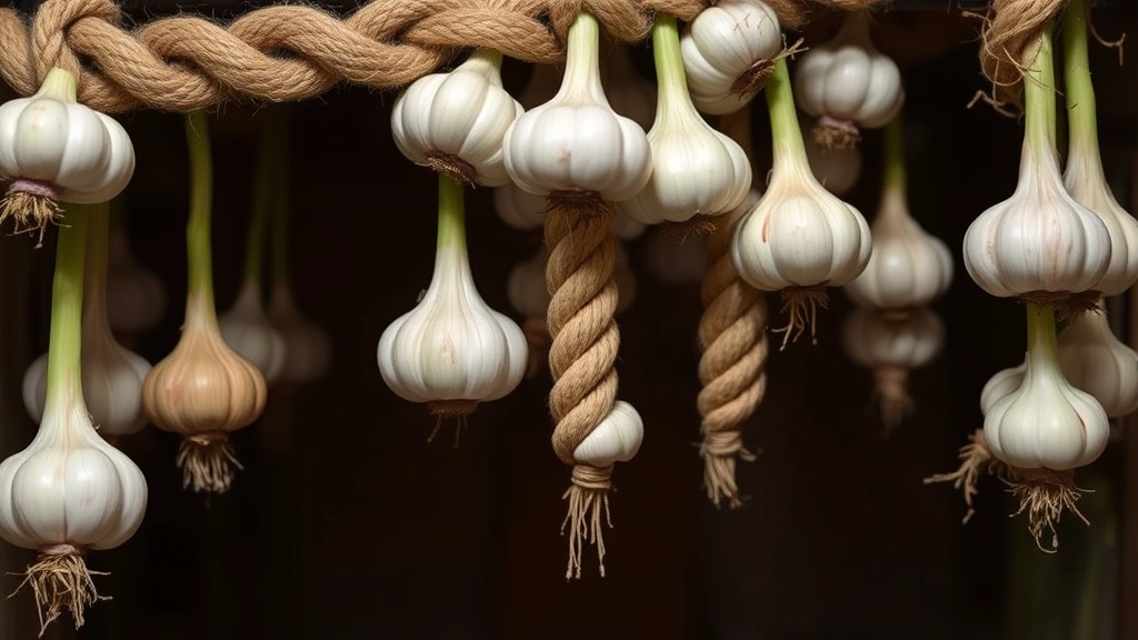 Braided garlic bulbs with green stems hanging from a rustic rope in a cool, dimly lit pantry or storage area