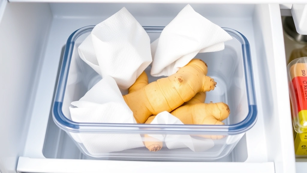 Organized refrigerator crisper drawer with ginger wrapped in white paper towels inside a clear plastic container, demonstrating proper cool storage setup