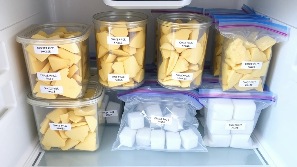 Freezer compartment showing labeled glass containers and freezer bags filled with sliced ginger pieces and ginger paste ice cubes in organized arrangement