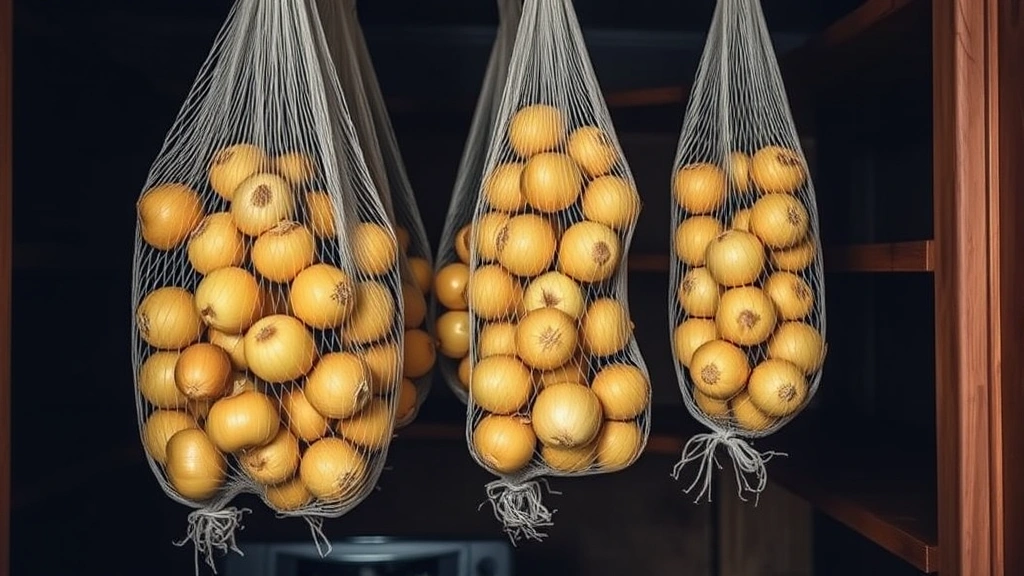 Mesh bags of golden yellow onions hanging in a cool, dark pantry with wooden shelves and subtle ambient lighting