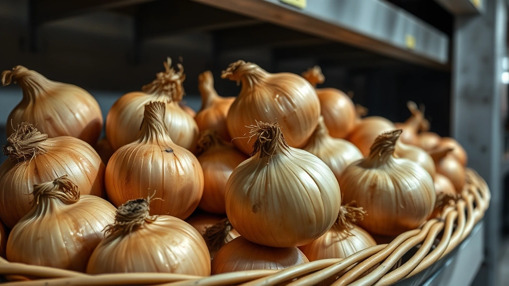 Close-up of whole onions with papery golden skin arranged in a woven basket on a cool basement shelf with dim overhead lighting