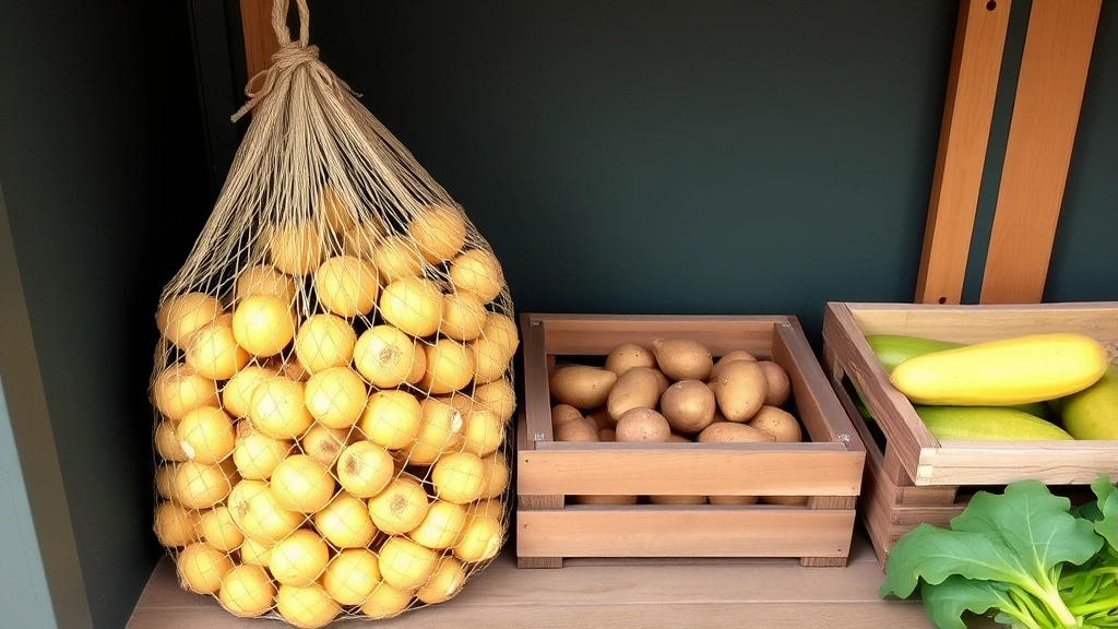 Organized vegetable storage area with separate zones: mesh bag of yellow onions, wooden crate of potatoes at distance, root vegetables in another section