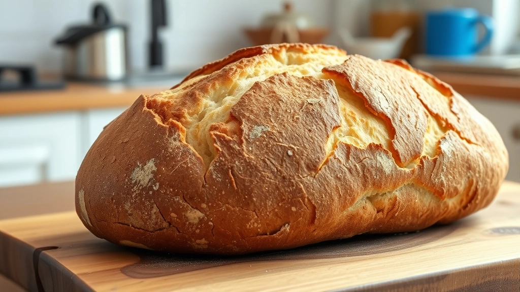 Freshly baked sourdough loaf with golden-brown crackling crust sitting on rustic wooden cutting board in bright kitchen, steam still rising