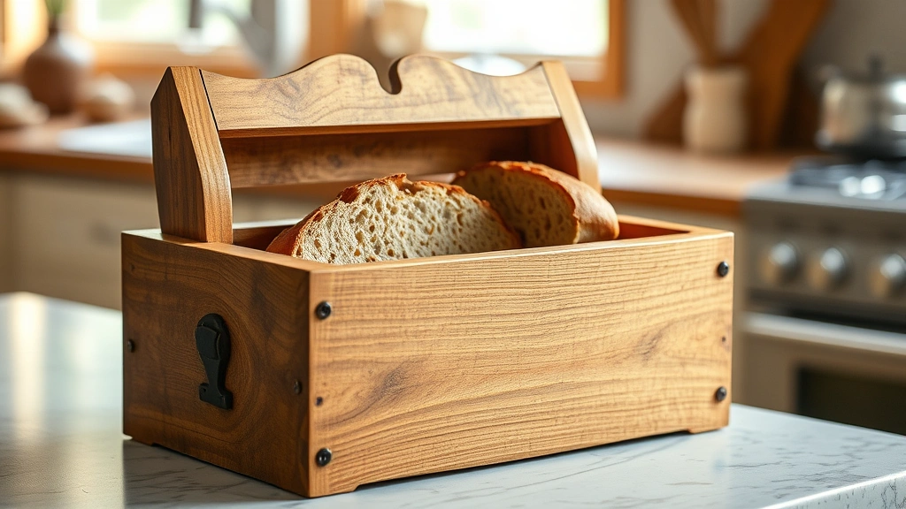 Wooden bread box with vintage charm sitting on kitchen counter with sliced sourdough loaf visible inside, natural lighting