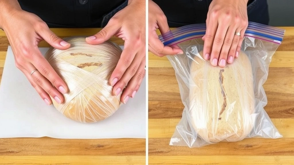 Hand wrapping artisan sourdough bread in plastic wrap and freezer bag for storage, showing proper double-wrapping technique