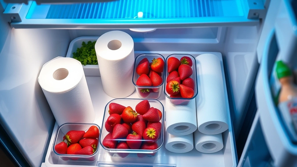 Open refrigerator crisper drawer showing organized containers of strawberries with paper towels, vegetables nearby, cool blue lighting, overhead angle