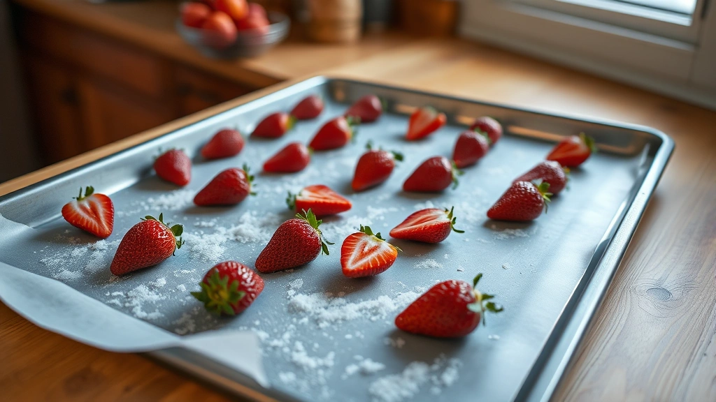 Baking sheet with individual fresh strawberries laid out before flash freezing, wooden kitchen counter, natural daylight from window, shallow depth of field