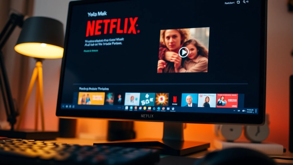 Close-up of a computer monitor displaying Netflix interface with a play button visible, warm ambient lighting from desk lamp, modern desk setup with keyboard and mouse blurred in foreground