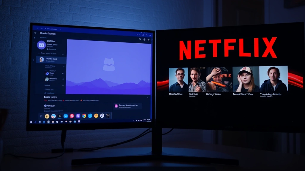 Split-screen view showing Discord interface on left with voice channel active and Netflix content playing on right side of computer screen, realistic lighting and shadows