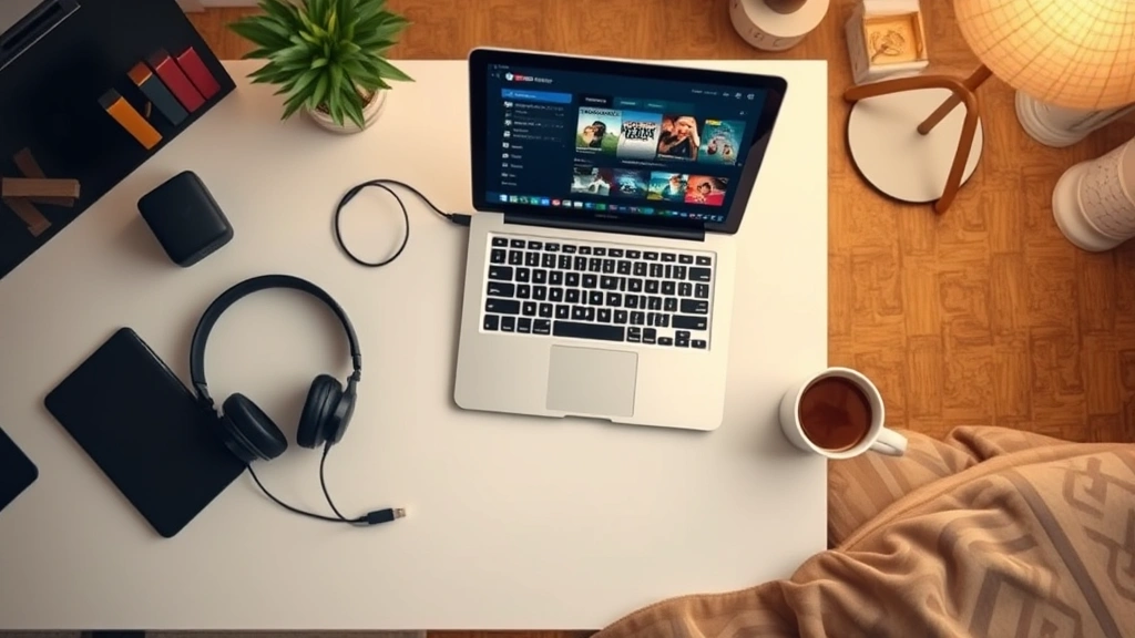Overhead shot of a comfortable home entertainment setup with laptop on desk, wireless headphones nearby, coffee cup, and streaming service visible on screen, cozy room lighting