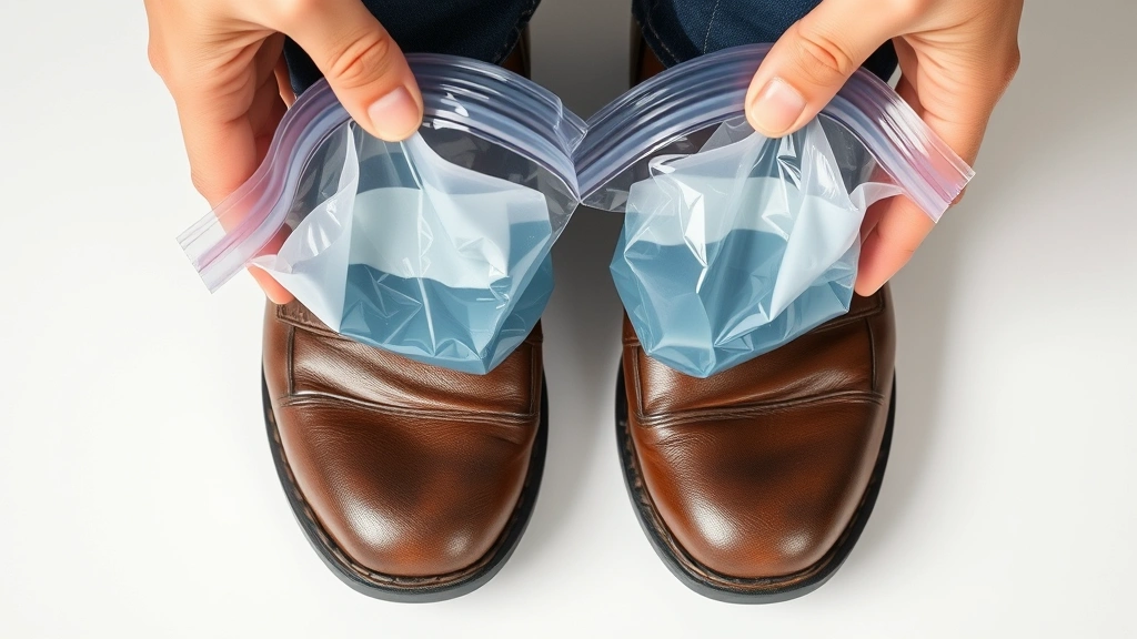 Close-up of hands placing water-filled ziplock bags inside leather shoes positioned on a white surface, ready for freezer method