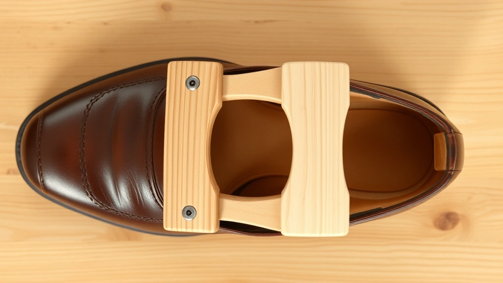 Wooden shoe stretcher device fully expanded inside a brown leather dress shoe, shown from above on a clean wooden table