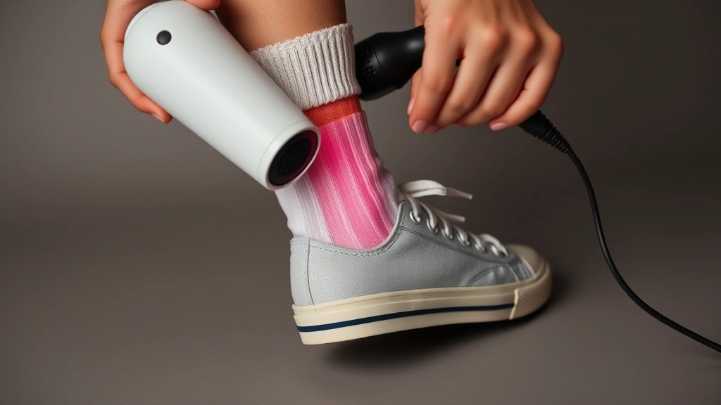 Person wearing thick socks using a hair dryer on low setting directed at the heel area of a tight-fitting canvas sneaker