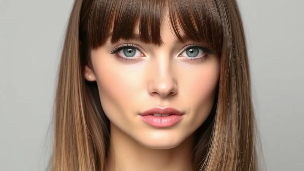Close-up of a woman with perfectly styled curtain bangs swept to both sides, soft lighting on face, neutral background, professional salon-quality finish