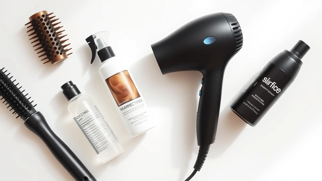 Flat lay of hair styling tools including round brush, curling iron, blow dryer, heat protectant spray, and texturizing spray on white surface with soft shadows