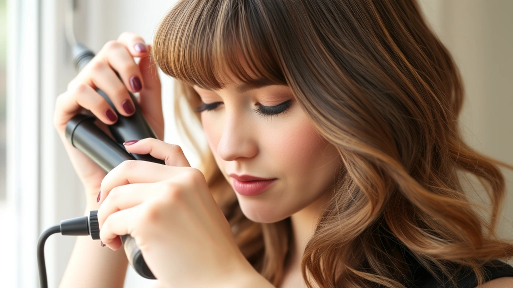 Woman using a curling iron on her bangs, demonstrating proper technique with barrel visible, natural lighting from window, focused on hand positioning and hair movement