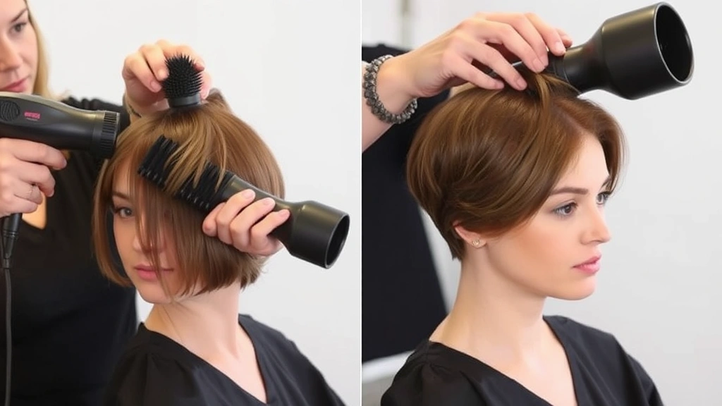 Professional blow-dry demonstration on short hair using round brush and dryer, showing directional technique for creating root lift and volume