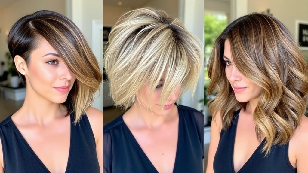 Styled short hair showcasing multiple finished looks: sleek polished style, tousled textured look, and voluminous bouncy waves in natural lighting