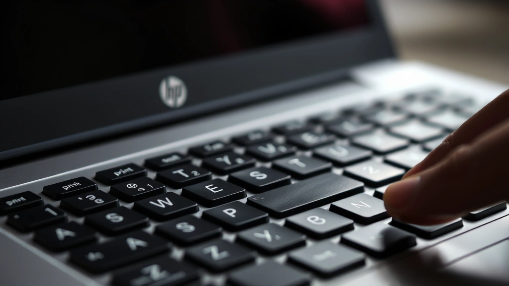 Close-up of HP notebook keyboard showing Print Screen and function keys with professional lighting, fingers hovering over keys