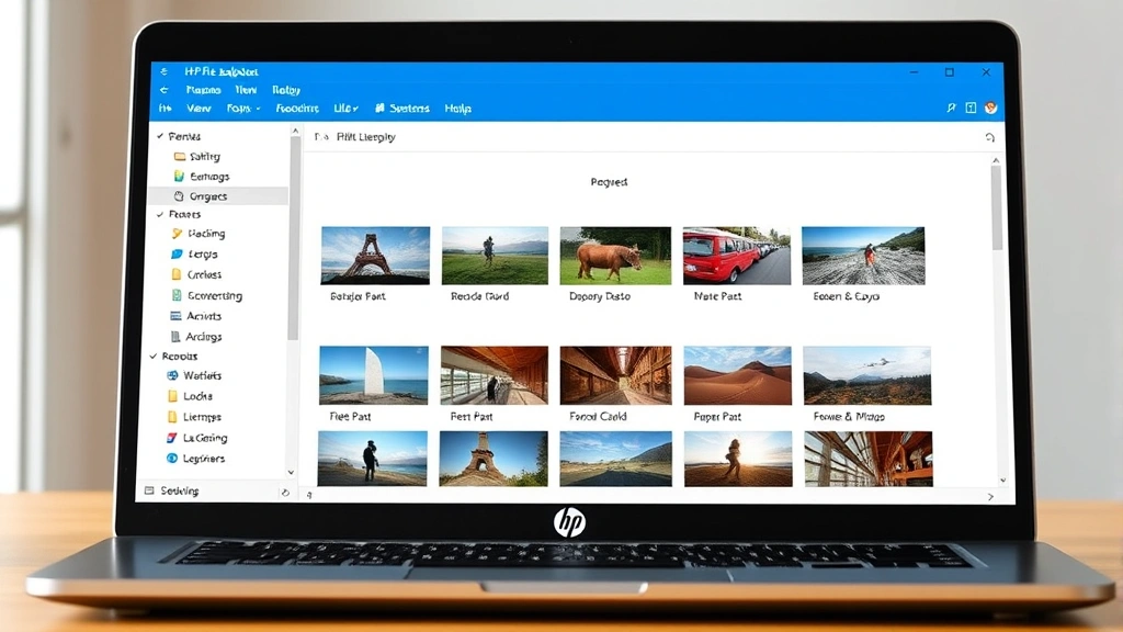 HP notebook displaying organized screenshot files in Windows File Explorer with folder structure, multiple image thumbnails visible