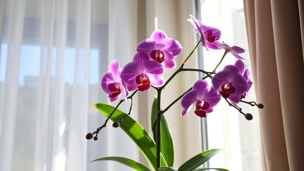 Vibrant potted orchid with purple and white flowers in bright, filtered sunlight near a window with sheer curtains, healthy glossy green leaves visible