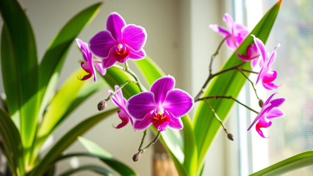 Lush tropical orchid plant with vibrant purple and white flowers in bright indirect sunlight near a window, green healthy leaves visible