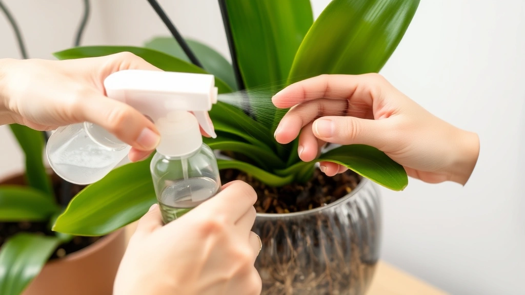 Hands carefully misting orchid leaves with a spray bottle, showing proper plant care technique with lush green foliage and delicate roots visible in transparent pot