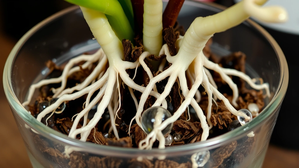 Close-up of orchid roots in clear pot showing white healthy root structure with bark potting medium, water droplets visible