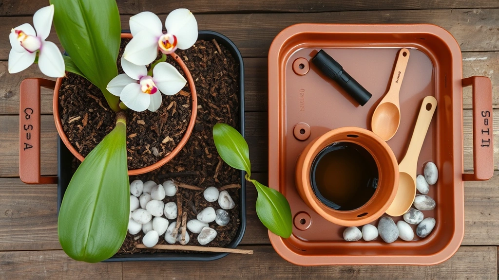 Overhead view of orchid potting setup with bark media, terracotta pot with drainage holes, humidity tray with pebbles and water, and care tools arranged neatly