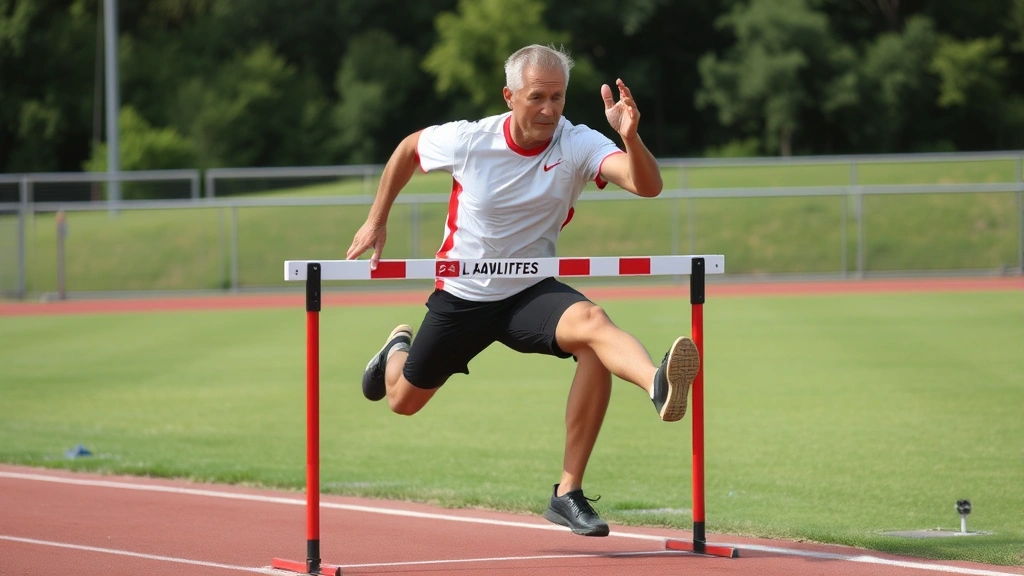 Athletic coach demonstrating proper hurdle clearance form with lead leg extended high over a standard competition hurdle on an outdoor track