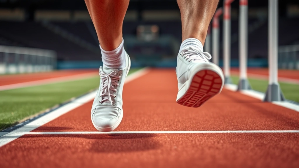 Close-up of athlete's feet in starting position near hurdle, showing proper ground contact and ankle alignment during takeoff phase