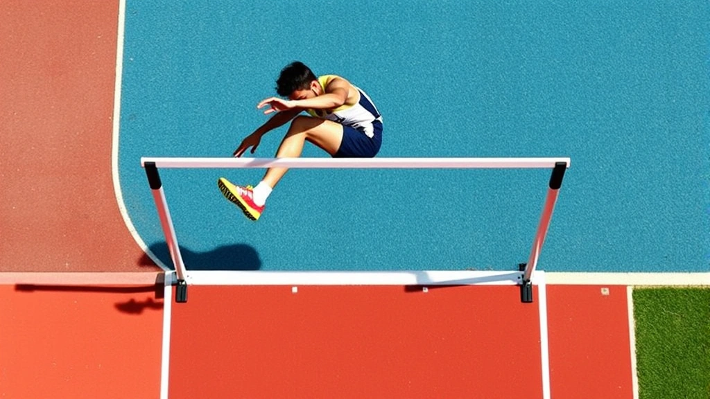 Overhead view of hurdler mid-flight over hurdle, showing body position, trail leg scissor motion, and forward lean during clearance