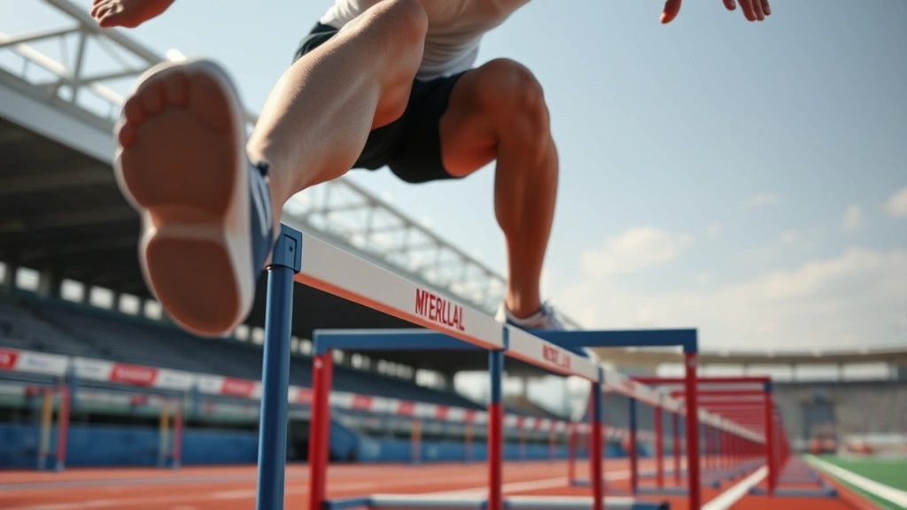 Close-up of athlete's explosive takeoff moment from hurdle showing powerful leg extension and arm coordination in athletic motion