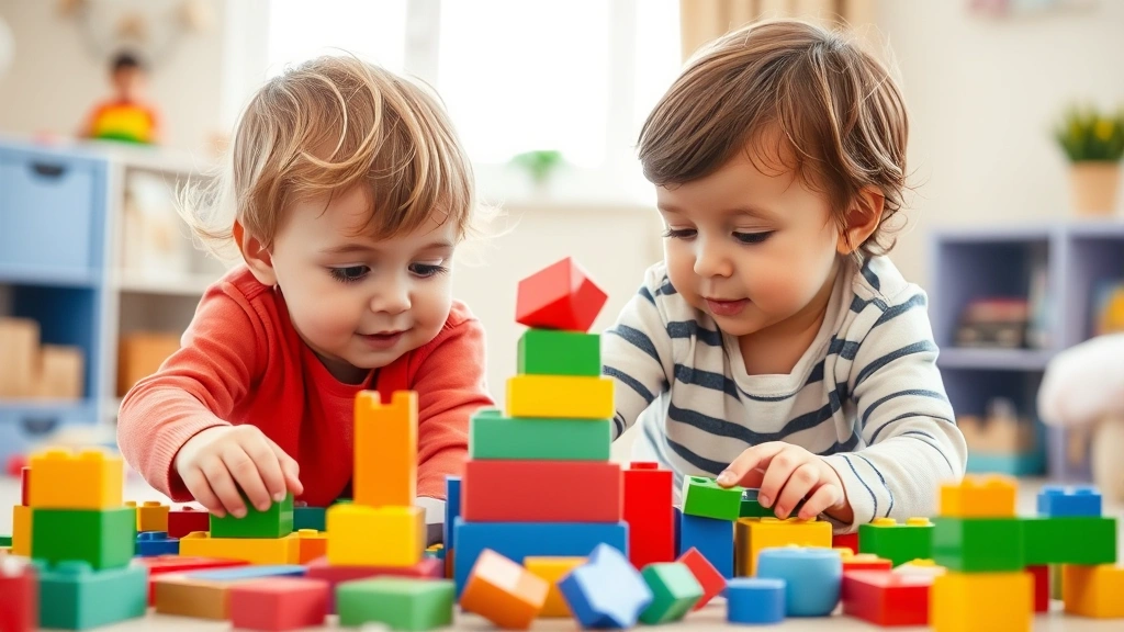 Two young children playing together with colorful building blocks, both reaching toward toys with curious expressions, bright natural lighting, cozy playroom setting