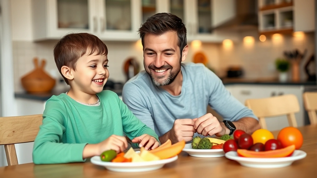 Parent and young child sharing a snack at a kitchen table, both smiling, warm lighting, fresh fruit and plates visible, comfortable home environment