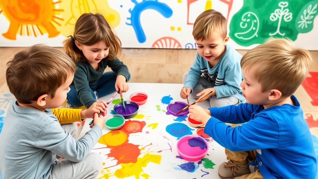 Group of four-year-olds sitting in a circle painting together on a large shared canvas, paintbrushes and colorful paint, focused and engaged expressions