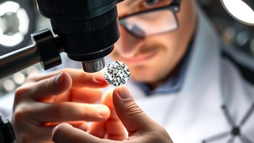 Gemologist using a jeweler's loupe to examine a diamond stone under magnification with professional lighting setup and gemological tools visible