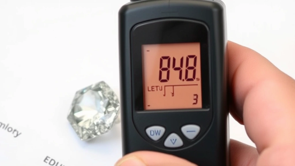 Thermal conductivity tester device being held against a loose diamond stone with digital display visible showing heat conductivity measurement