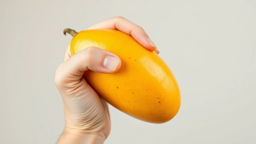 Close-up of a hand gently squeezing a golden-yellow mango against a neutral background, demonstrating proper pressure technique for ripeness testing