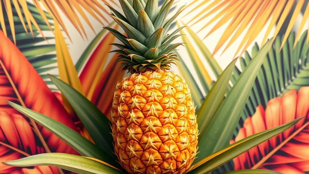 Golden ripe pineapple with vibrant crown leaves on tropical background no text no words no letters