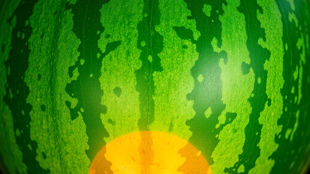 Close-up of a whole watermelon showing deep green skin with a prominent golden-yellow field spot visible on the bottom, natural produce stand lighting