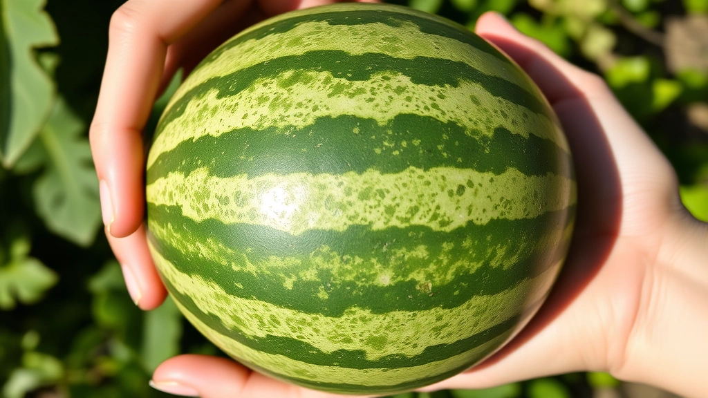 Hand holding a watermelon demonstrating weight and texture, showing the bumpy dimpled skin surface with natural sunlight highlighting the matte finish