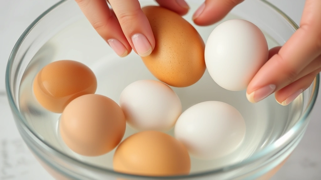 Close-up of hands gently placing fresh brown and white eggs into a clear glass bowl of cool water, showing eggs at different depths in the water