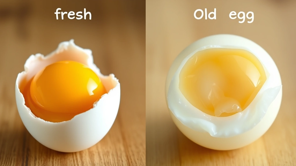 Split-screen comparison of a fresh egg cracked open with firm yolk and thick white versus an old egg with flat yolk and runny translucent white