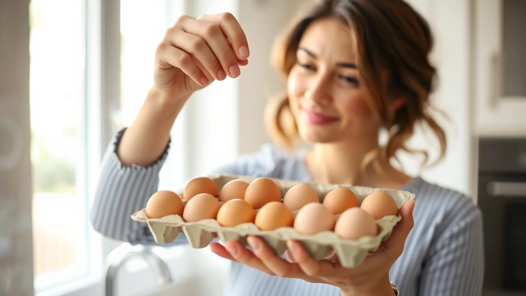 Woman in a bright kitchen holding an egg carton up to natural light near a window, examining the eggs inside for visual inspection and freshness